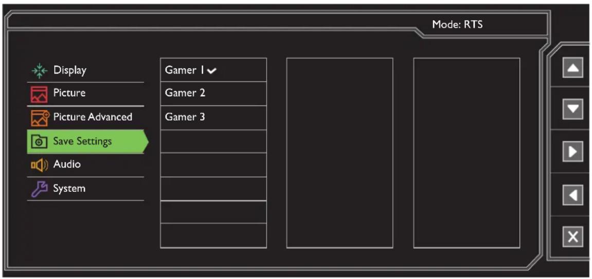 Mode: RTS Display Picture Picture Advanced Save Settings Audio System Gamer 1 ✓ Gamer 2 Gamer 3