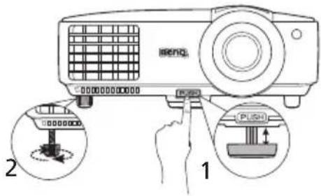 Diagram showing a projector with labeled parts and a hand operating it, including a zoomed-in view of the component.