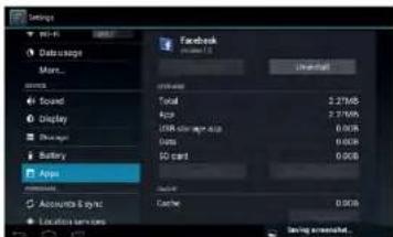 Settings Wi-Fi Database More... Sound Display Storage Battery Apps Accounts & sync Location services Facebook Total App USR Storage Apps GDS SD card Calendar 2.3765 2.3765 0.000 0.000 0.000 0.000 0.000 Saving installed...