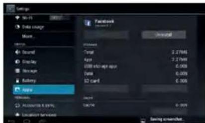 Settings • Mail • Data usage None... Sound Display Storage Battery Audio Options Accessories & rights Location services Facebook (please 1) Install Total 2.27MB Audio 2.27MB USB flash app 0.008 Date 0.005 ISO card 0.306 Send SACVR 0.008 Saving screenshots