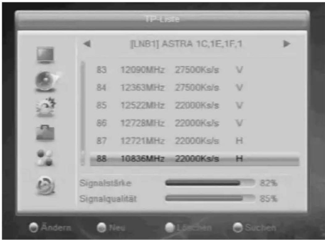 [LNB1] ASTRA 1C,1E,1F,1 83 12090MHz 27500Ks/s V 84 12363MHz 27500Ks/s V 85 12522MHz 22000Ks/s V 86 12728MHz 22000Ks/s V 87 12721MHz 22000Ks/s H 88 10836MHz 22000Ks/s H Signalstärke 82% Signalqualität 85%