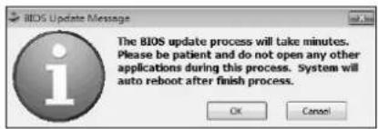 BIOS Update Message The BIOS update process will take minutes. Please be patient and do not open any other applications during this process. System will auto reboot after finish process. OK Cancel