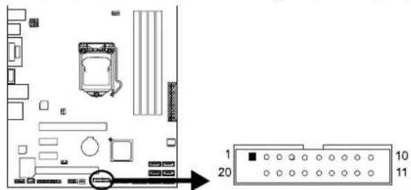 Diagram of a computer motherboard layout with labeled components and an exploded view showing numbered slots 1, 20, and 10.