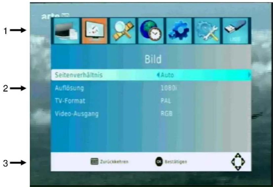 1→ Bild Seitenverhältnis Auto 2→ Auflösung 1080i TV-Format PAL Video-Ausgang RGB 3→ Zurückkehren OK Bestätigen
