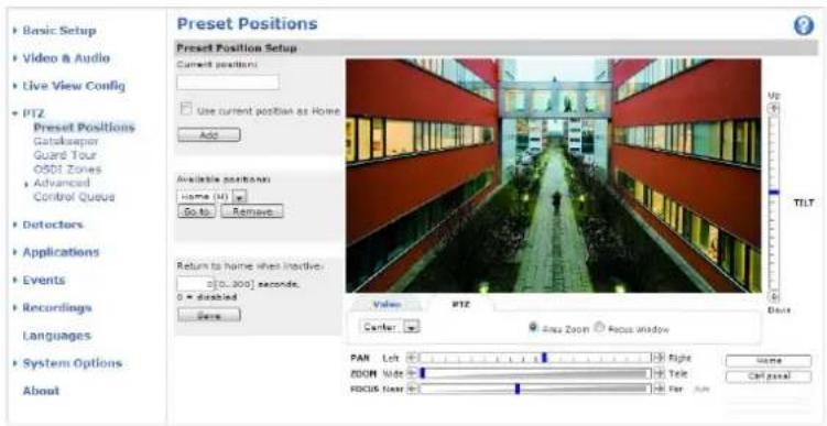 Basic Setup Video & Audio Live View Config PTZ Preset Positions Gatekeeper Guard Tour OSDT Zones Advanced Control Queue Detectors Applications Events Recordings Languages System Options About Preset Positions Preset Position Setup Current positions: Use current position as Home Add Available positions: Home (M) Go to Remove Return to home when inactive: [0..300] seconds. 0 = disabled Save Video RTE Center Area Zoom Focus Window TILT View Pan: Left Right Name Zoom Video Title RGB/5 Floor For: 100% Ctrl panel