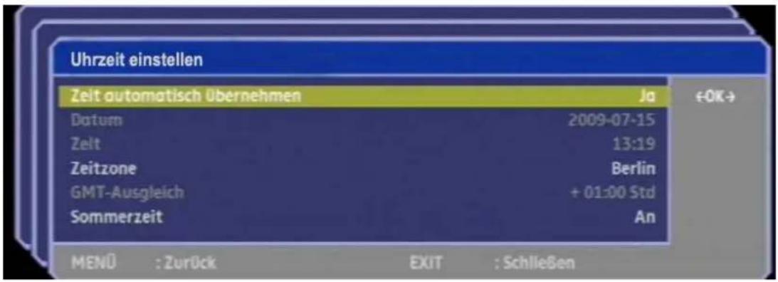 Uhrzeit einstellen Zeit automatisch Übernehmen Ja €0K+ Datum 2009-07-15 Zeit 13:19 Zeitzone Berlin GMT-Ausgleich + 01:00 Std Sommerzeit An MENÜ : Zurück EXIT : Schließen