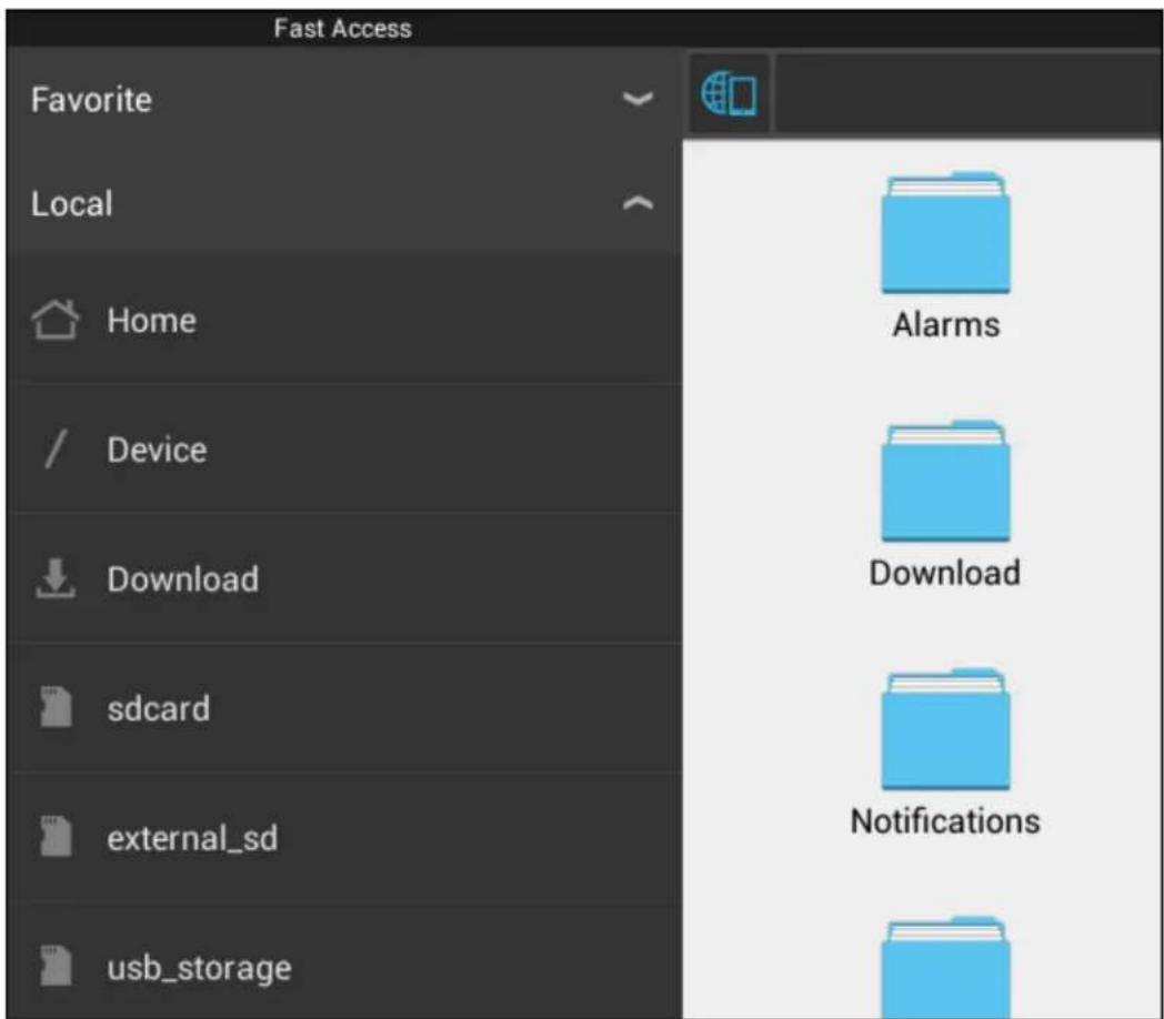 Fast Access Favorite Local Home Device Download sdcard external_sd usb_storage Alarms Download Notifications
