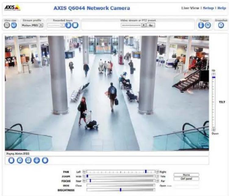 AXIS Q6044 Network Camera Live View | Setup | Help View close Stream profile Recorded tours Video stream or PTZ preset Trigger Snapshot Motion JPEG Go Up TILT Down Playing Motion JPEG PAN Left Right Home ZOOM wide Title Ctrl panel FOCUS Near Far IRISC Close Open down BEICHNESS