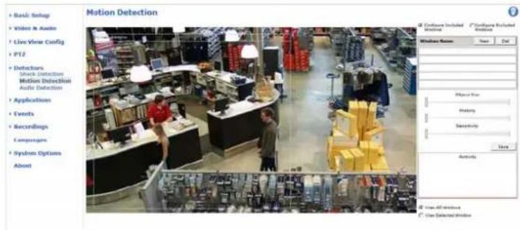 Motion Detection Basic Settings Video & Audio Live View Config PT2 Detectors Stock Detection Motion Detection Audio Detection Applications Events Recordings Components System Options About Configure Included Window Configure Reflected Window Window Name View Del Mount View History Sensitivity Save Activity Use All windows Use Selected windows