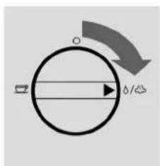 Diagram showing a circular component with a directional arrow and a water symbol, likely indicating a process or flow direction.