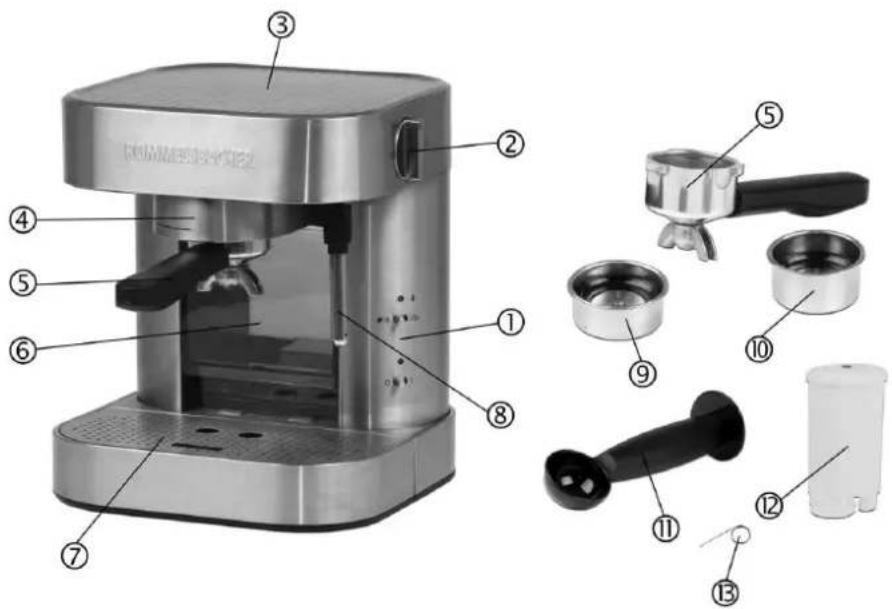 Labeled diagram of a coffee machine with numbered parts for identification and assembly reference.