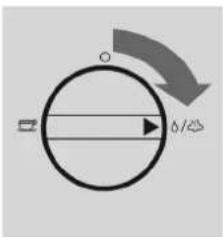 Diagram showing a circular component with labeled arrows and symbols, including a directional arrow and a water symbol.