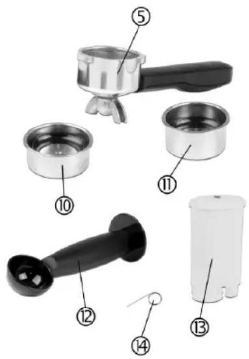 Exploded view diagram of a coffee maker with numbered parts labeled 1 through 14