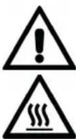Warning symbols showing a warning triangle with an exclamation mark and a warning triangle with steam lines.