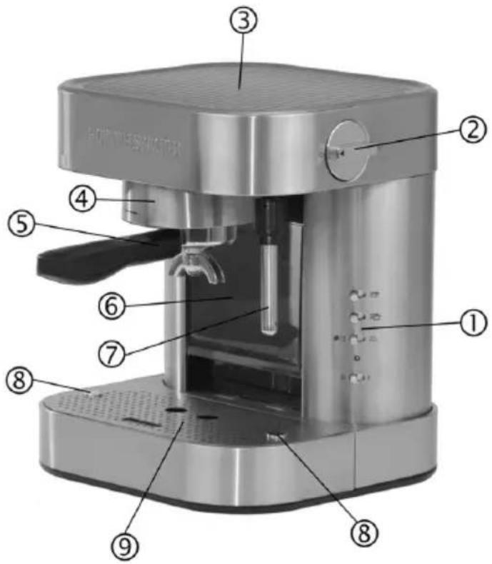 Labeled diagram of a coffee machine with numbered parts for identification