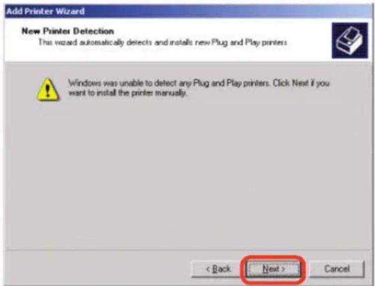 Add Printer Wizard New Printer Detection This wizard automatically detects and installs new Plug and Play printers Windows was unable to detect any Plug and Play printers. Click Next if you want to install the printer manually. < Back Next > Cancel