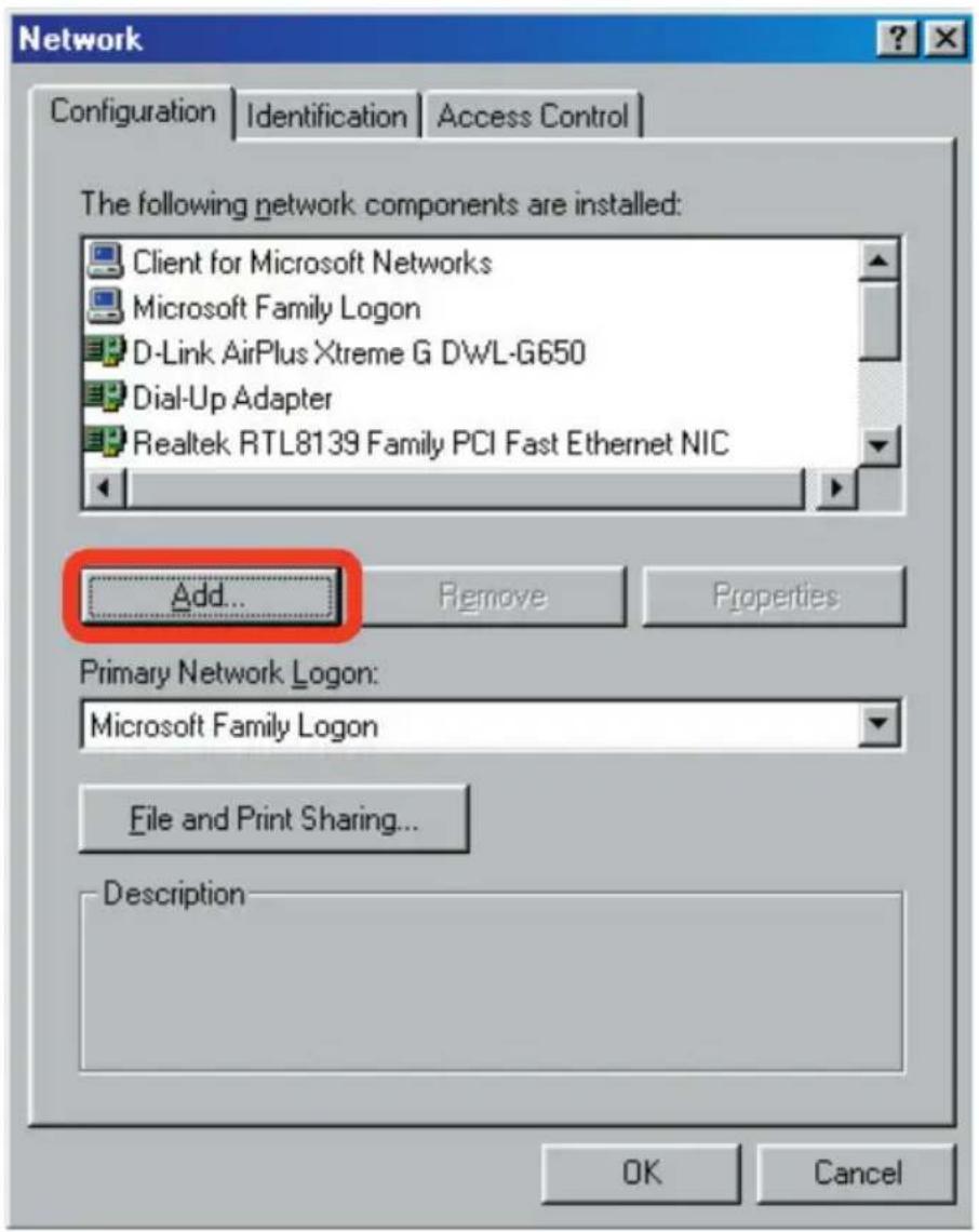 Network Configuration | Identification | Access Control | The following network components are installed: Client for Microsoft Networks Microsoft Family Logon D-Link AirPlus Xtreme G DWL-G650 Dial-Up Adapter Realtek RTL8139 Family PCI Fast Ethernet NIC Add... Remove Properties Primary Network Logon: Microsoft Family Logon File and Print Sharing... Description OK Cancel