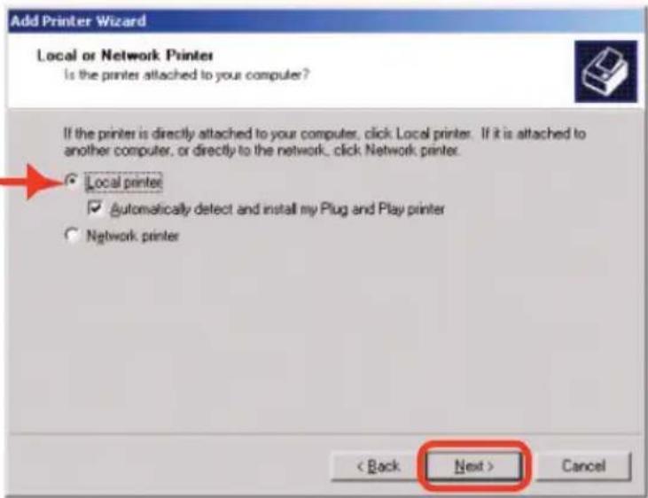 Add Printer Wizard Local or Network Printer Is the printer attached to your computer? If the printer is directly attached to your computer, click Local printer. If it is attached to another computer, or directly to the network, click Network printer. ○ Local printer ✓ Automatically detect and install my Plug and Play printer ○ Network printer < Back Next > Cancel