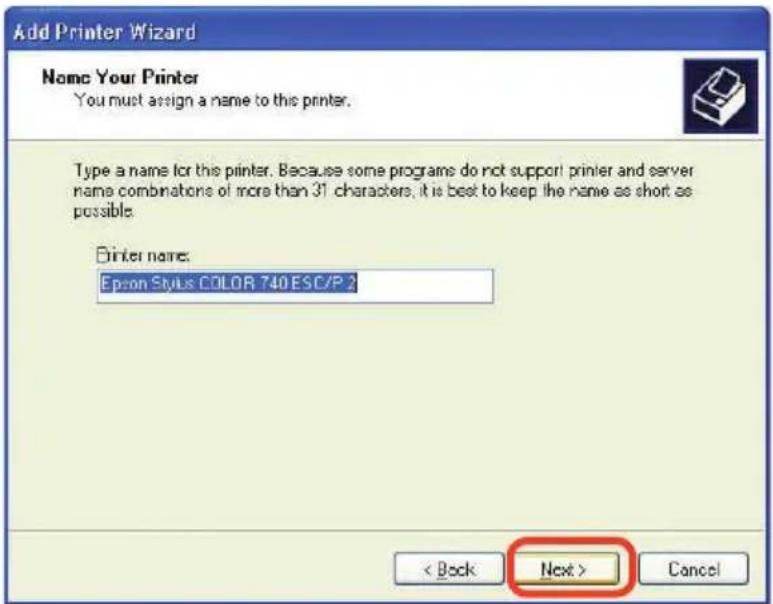 Add Printer Wizard Name Your Printer You must assign a name to this printer. Type a name for this printer. Because some programs do not support printer and server name combinations of more than 31 characters, it is best to keep the name as short as possible. Printer name: Epson Style COLOR 740 ESC/P2 < Back Next > Cancel