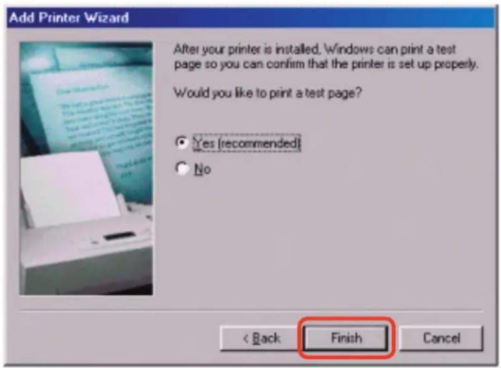 Add Printer Wizard After your printer is installed. Windows can print a test page so you can confirm that the printer is set up properly. Would you like to print a test page? ● Yes (recommended) ○ No < Back Finish Cancel