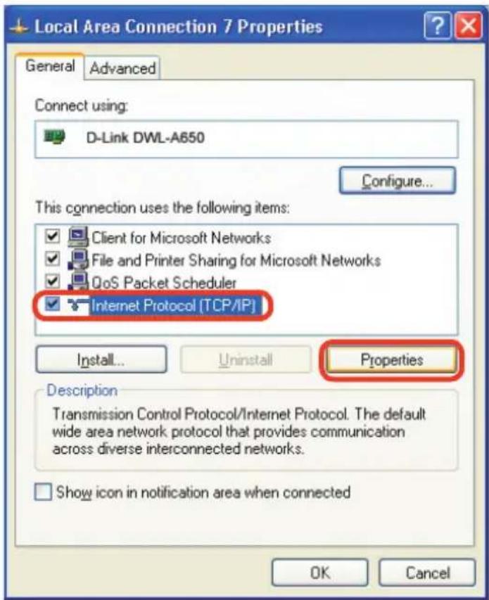 Local Area Connection 7 Properties General Advanced Connect using: D-Link DWL-A650 Configure... This connection uses the following items: ✓ Client for Microsoft Networks ✓ File and Printer Sharing for Microsoft Networks ✓ QoS Packet Scheduler ✓ Internet Protocol (TCP/IP) Install... Uninstall Properties Description Transmission Control Protocol/Internet Protocol. The default wide area network protocol that provides communication across diverse interconnected networks. Show icon in notification area when connected OK Cancel
