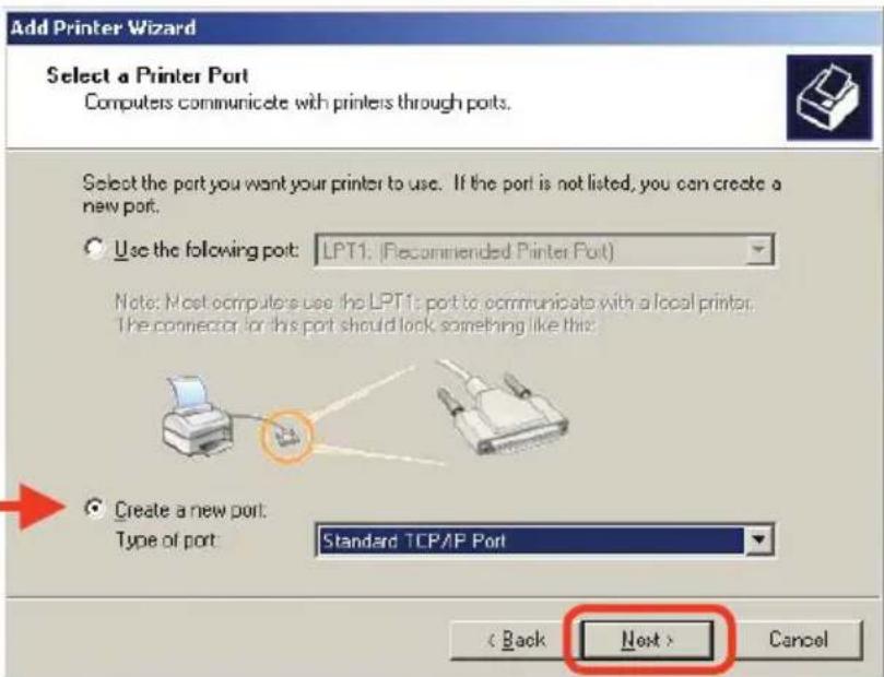 Add Printer Wizard Select a Printer Port Computers communicate with printers through ports. Select the port you want your printer to use. If the port is not listed, you can create a new port. Use the following port: LPT1: (Recommended Printer Port) Note: Most computers use the LPT1: port to communicate with a local printer. The connector for this port should look something like this. Create a new port: Type of port: Standard TCP/IP Port < Back Next > Cancel