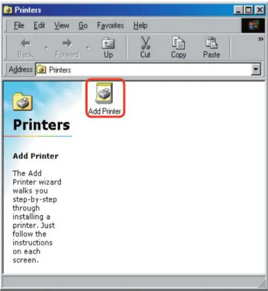 Printers File Edit View Go Favorites Help Back Forward Up Cut Copy Paste Address Printers Printers Add Printer Add Printer The Add Printer wizard walks you step-by-step through installing a printer. Just follow the instructions on each screen.