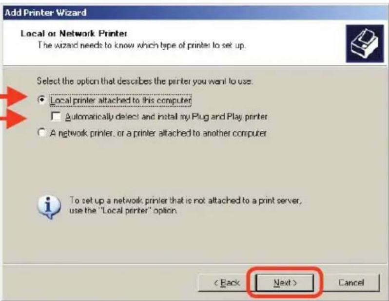 Add Printer Wizard Local or Network Printer The wizard needs to know which type of printer to set up. Select the option that describes the printer you want to use. ● Local printer attached to this computer □ Automatically detect and install my Plug and Play printer ○ A network printer, or a printer attached to another computer To set up a network printer that is not attached to a print server, use the "Local printer" option. < Back Next > Cancel