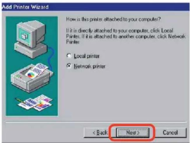 Add Printer Wizard How is this printer attached to your computer? If it is directly attached to your computer, click Local Printer. If it is attached to another computer, click Network Printer ○ Local printer ● Network printer < Back Next > Cancel