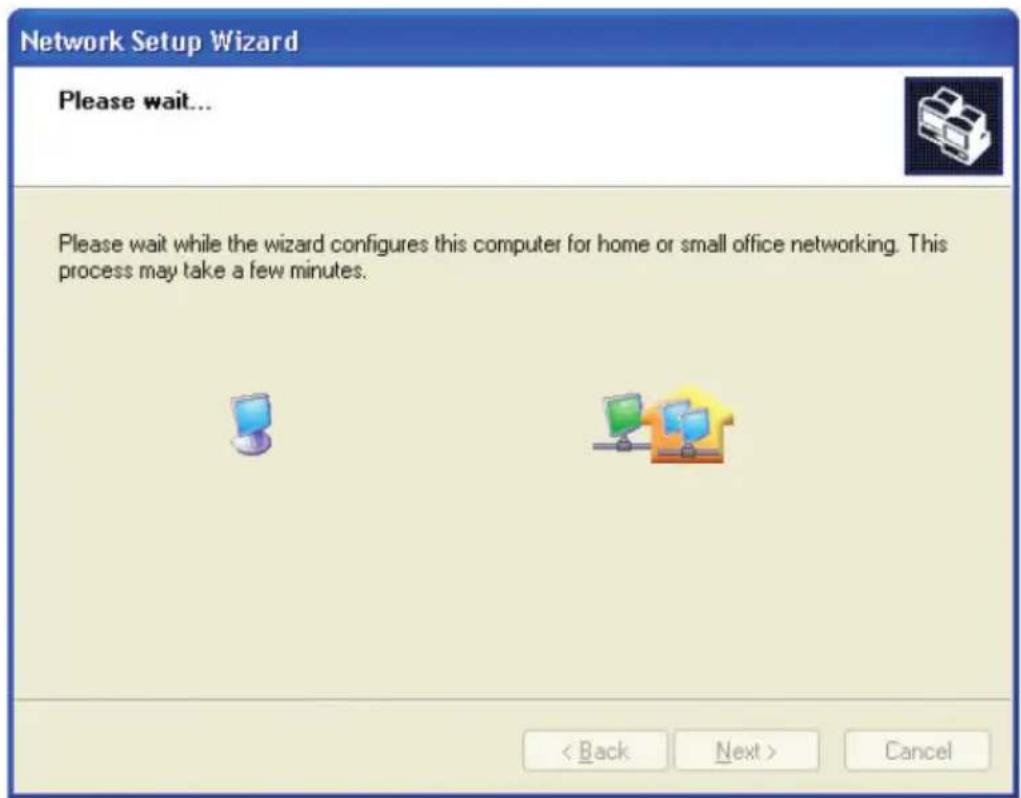 Network Setup Wizard Please wait... Please wait while the wizard configures this computer for home or small office networking. This process may take a few minutes. < Back Next > Cancel