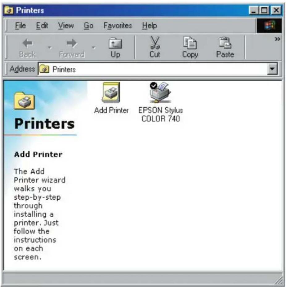 Printers File Edit View Go Favorites Help Back Forward Up Cut Copy Paste Address Printers Printers Add Printer EPSON Stylus COLOR 740 Add Printer The Add Printer wizard walks you step-by-step through installing a printer. Just follow the instructions on each screen.
