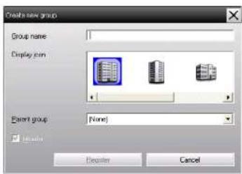 Create new group Group name: Display item Parent group: None □ Display Register Cancel