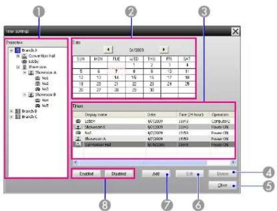 Inner Settings Details TUES MON FUE WED FRU FR1 SAT 5 6 7 8 9 10 11 12 13 14 15 16 17 18 19 20 21 22 23 24 25 26 27 28 29 30 Total Display name: Date: Time (24 hour) Operation: Lobby: W/2009 10:43 Computer2 Showroom B: W/2009 10:45 Power Off Nal: 4/2/2009 15:53 Power Off Showroom A: 4/2/2009 15:53 P…