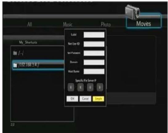 All Music Photo Movies My Shortwave Label Net User ID Net Password Domain Host Name Specify File Server IP OK Cancel Simple 2/2