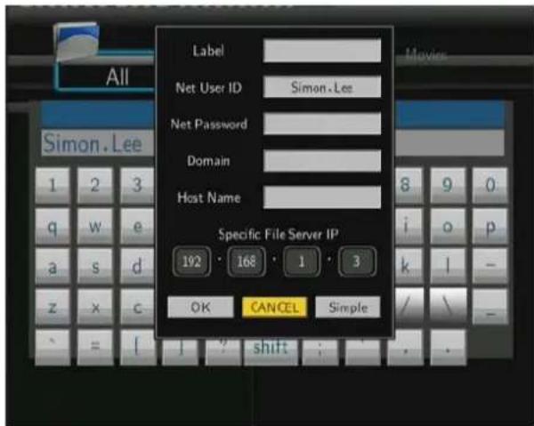 Label Net User ID Simon, Lee Net Password Domain Host Name Specific File Server IP 192 168 1 3 OK CANCEL Simple shift