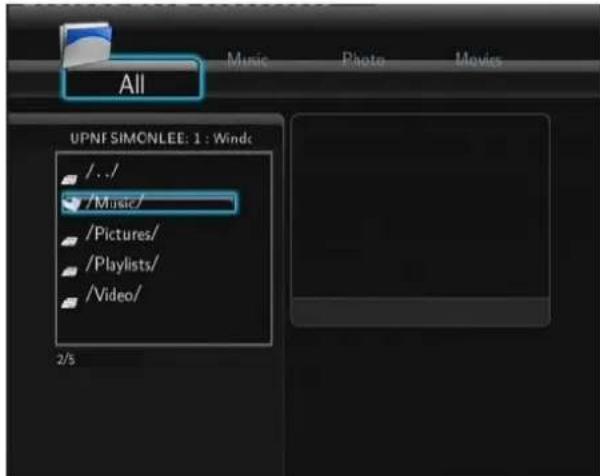 All UPNF SIMCNLEE: 1 : Windc /../ /Music/ /Pictures/ /Playlists/ /Video/ 2/5 Music Photo Movies