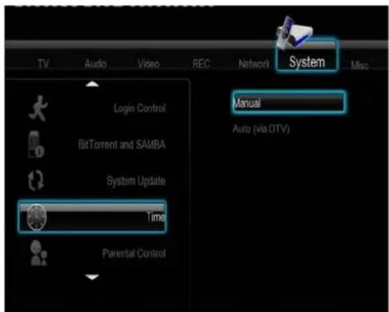 TV Audio Video REC Network System Login Control BitTorrent and SAMBA System Update Time Parental Control Manual Auto (via DTV) Miss