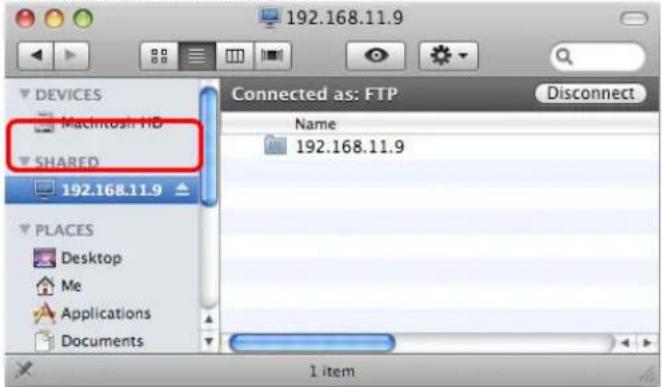 192.168.11.9 DEVICES Macintosh HD SHARED 192.168.11.9 PLACES Desktop Me Applications Documents Connected as: FTP Name 192.168.11.9 1 item Disconnect