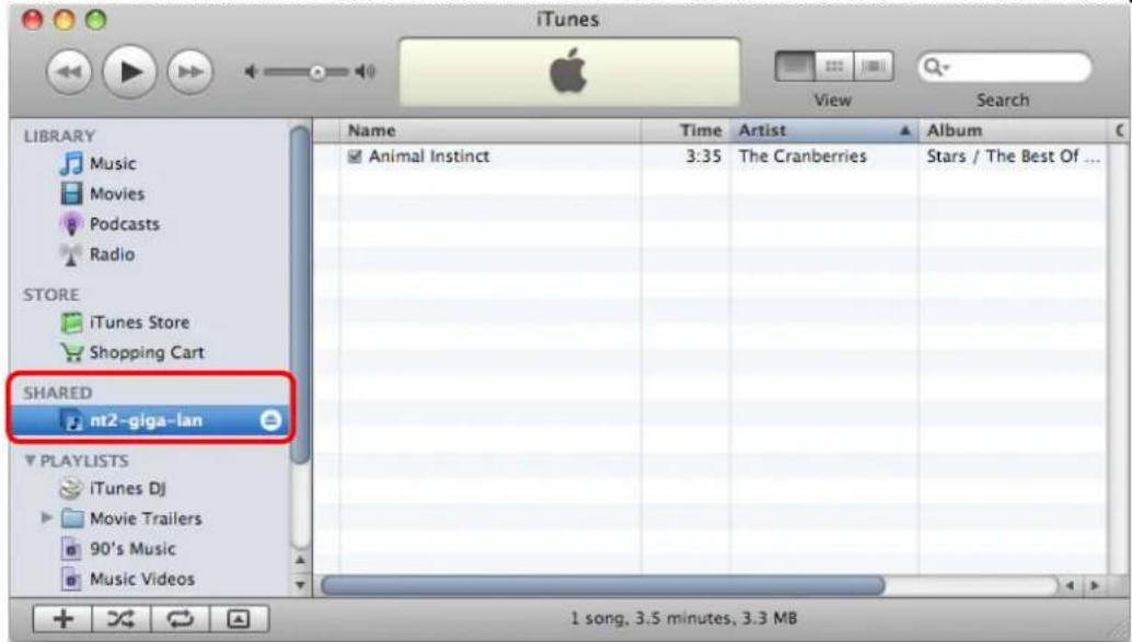 iTunes View Search LIBRARY Music Movies Podcasts Radio STORE iTunes Store Shopping Cart SHARED nt2-giga-lan PLAYLISTS iTunes Dj Movie Trailers 90's Music Music Videos Name Time Artist Album Animal Instinct 3:35 The Cranberries Stars / The Best Of ... 1 song, 3.5 minutes, 3.3 MB