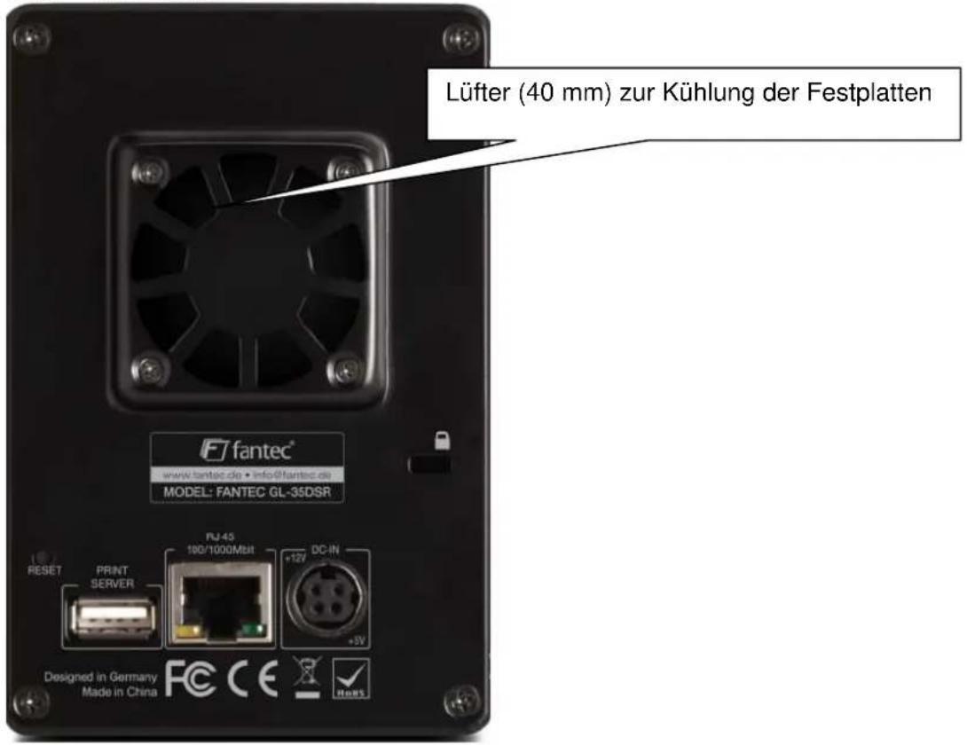 Lüfter (40 mm) zur Kühlung der Festplatten www.tantec.de • info@fantec.de MODEL: FANTEC GL-35DSR RESET PRINT SERVER FU-45 100/1000Mbit +12V DC-IN +3V Designed in Germany Made in China FCC CE HENS