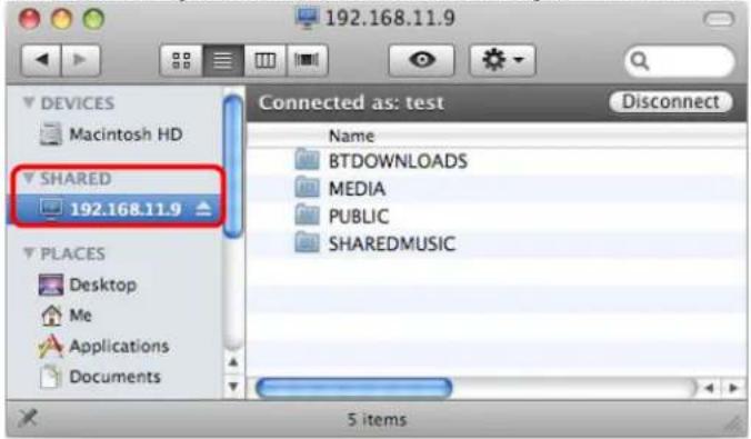 192.168.11.9 DEVICES Macintosh HD SHARED 192.168.11.9 PLACES Desktop Me Applications Documents Connected as: test Name BTDOWNLOADS MEDIA PUBLIC SHARED MUSIC 5 items