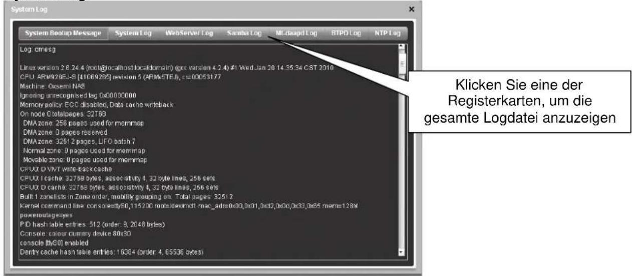 System Log System Backup Message System Log WebServer Log Samba Log MI-daapd Log BTPD Log NTP Log Log: dimesg Linux version 2.8.24.4 (root@localhost.localdomain) (prod version 4.2.4) #1 Wed Jan 20 14:35:34 CST 2010 CPU: ARM92BEJ-S [410692B] revision 5 (ARMvSTEJ), cc=00053177 Machine: Ossemi NAS Ignoring unrecognised log Dc00000000 Memory policy: ECD disabled, Data cache writeback On node 0 totalpages: 32769 DMAzone: 256 pages used for memmap DMAzone: 0 pages reserved DMAzone: 32612 pages, LIFO batch 7 Normal zone: 0 pages used for memmap Movable zone: 0 pages used for memmap CPU: D VVT wine-back cache CPU: D cache: 32768 bytes, associativity 4, 32 byte lines, 256 sets CPU: D cache: 32768 bytes, associativity 4, 32 byte lines, 256 sets Built 1 zone lists in Zone order, mobility grouping on Total pages: 32512 Kernel command line console=dy50,115200 root=devrmd1.mac_ad=0x00,0x01,0x02,0x00,0x33,0x65 mm=1.28M poweroutage=yes P:D hash table entries: 512 (order: 9, 2048 bytes) Console: colour dummy device 80x30 console lly50 enabled Dentry cache hash table entries: 16364 (order: 4, 65536 bytes) Klicken Sie eine der Registerkarten, um die gesamte Logdatei anzuzeigen