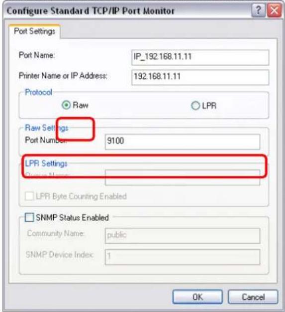 Configure Standard TCP/IP Port Monitor Port Settings Port Name: IP_192.168.11.11 Printer Name or IP Address: 192.168.11.11 Protocol Raw LPR Raw Settings Port Number: 9100 LPR Settings Community Name: LPR Byte Counting Enabled SNMP Status Enabled Community Name: public SNMP Device Index: 1 OK Cancel