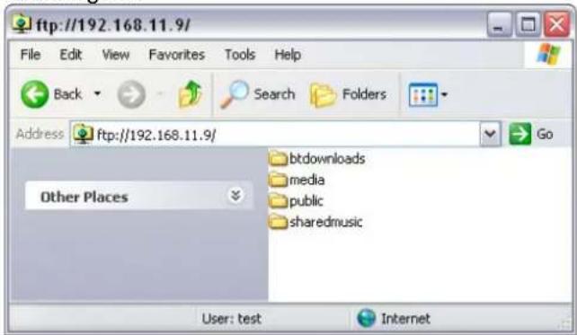 ftp://192.168.11.9/ File Edit View Favorites Tools Help Back Search Folders Address ftp://192.168.11.9/ Other Places btdownloads media public sharedmusic User: test Internet