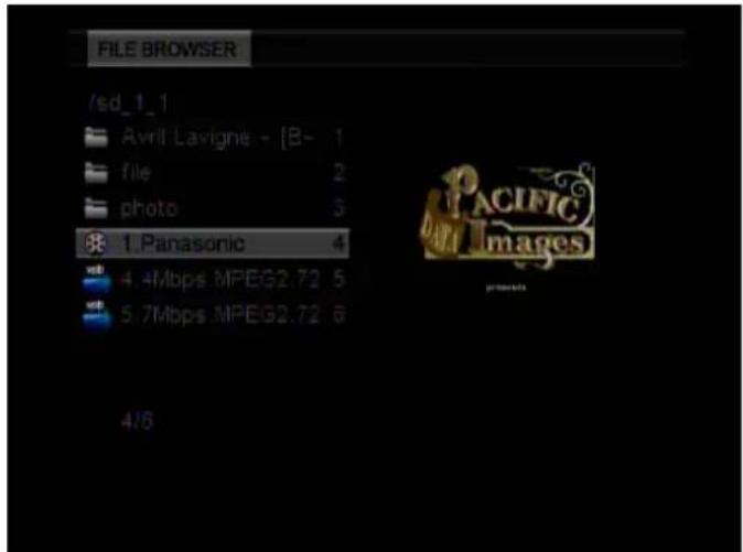 FILE BROWSER /sd_1_1 Avril Lavigne - [B- 1 file 2 photo 3 1.Panasonic 4 4.4Mbps MPEG2.72 5 5.7Mbps MPEG2.72 6 4/6 PACIFIC Images presents