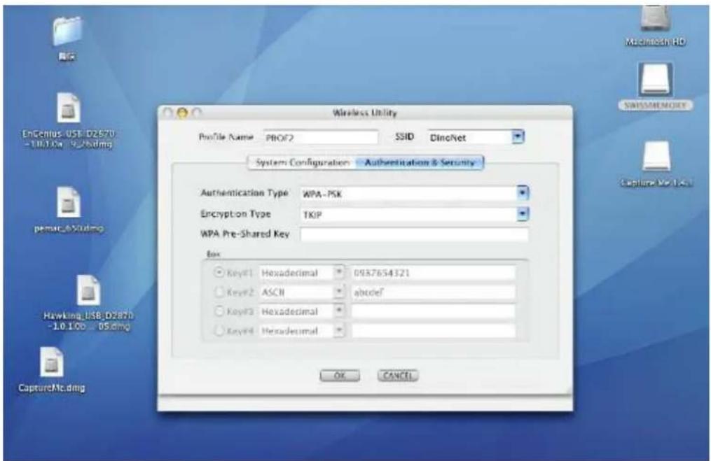 MacIntech HD Encentus USB D2870 -10.100 - 9.74.dwg System Configuration Authentication & Security Authentication Type WPA-PSK Encryption Type TKIP WPA Pre-Shared Key Box KeyF1 Hexadecimal 0937654321 KeyF2 ASCII abcdef KeyF3 Hexadecimal KeyF4 Hexadecimal OK CANCEL Capture Not Us Hawking USB D2870 -10.100 - 0S.dwg CaptureNot.dwg