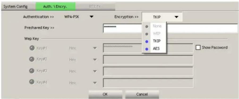 System Config Auth. \ Encry. 802.1x Authentication >> WPA-PSK Encryption >> TKIP Preshared Key >> Wep Key Key#1 Hex Key#2 Hex Key#3 Hex Key#4 Hex Show Password OK Cancel