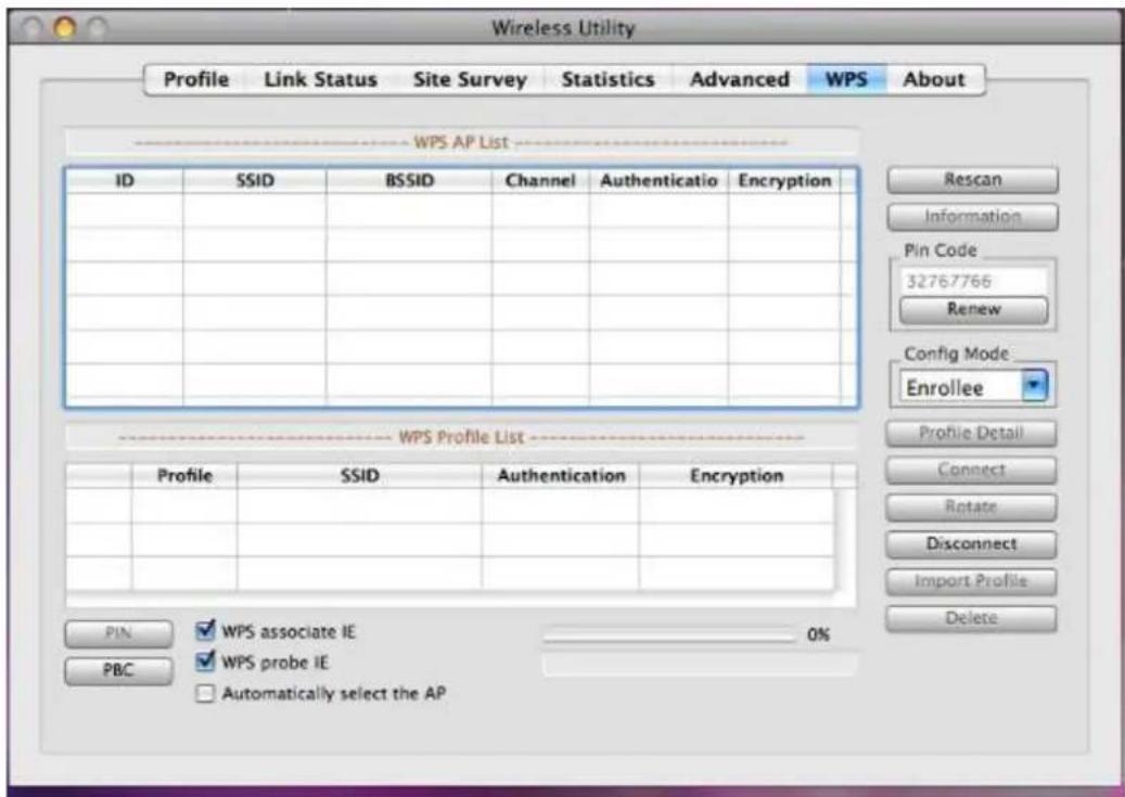 Wireless Utility Profile Link Status Site Survey Statistics Advanced WPS About WPS AP List ID SSID BSSID Channel Authenticatio Encryption Rescan Information Pin Code 32767766 Renew Config Mode Enrollee WPS Profile List Profile SSID Authentication Encryption Profile SSID PIN WPS associate IE 0% PBC WPS probe IE Automatically select the AP Profile Detail Connect Rotate Disconnect Import Profile Delete