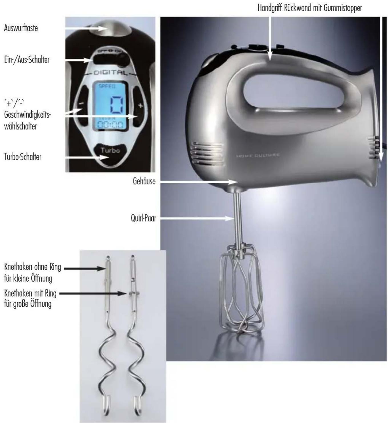 Handgriff Rückwand mit Gummistopper Auswurftaste Ein-/Aus-Schalter DIGITAL GPPED +/-/- Geschwindigkeits- wählschalter Turbo-Schalter Gehäuse Quirl-Paar Knethaken ohne Ring für kleine Öffnung Knethaken mit Ring für große Öffnung