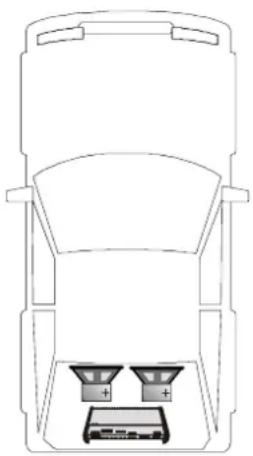 Top-down line drawing of a vehicle rearview with speakers and a speaker base (no text or symbols)